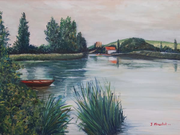 Original oil painting of a tranquil French lakeside, framed in gold and black, measuring 30 x 40 cm. Features lush greenery, a calm lake, and a small red boat, embodying a peaceful retreat for self-reflection and solace.