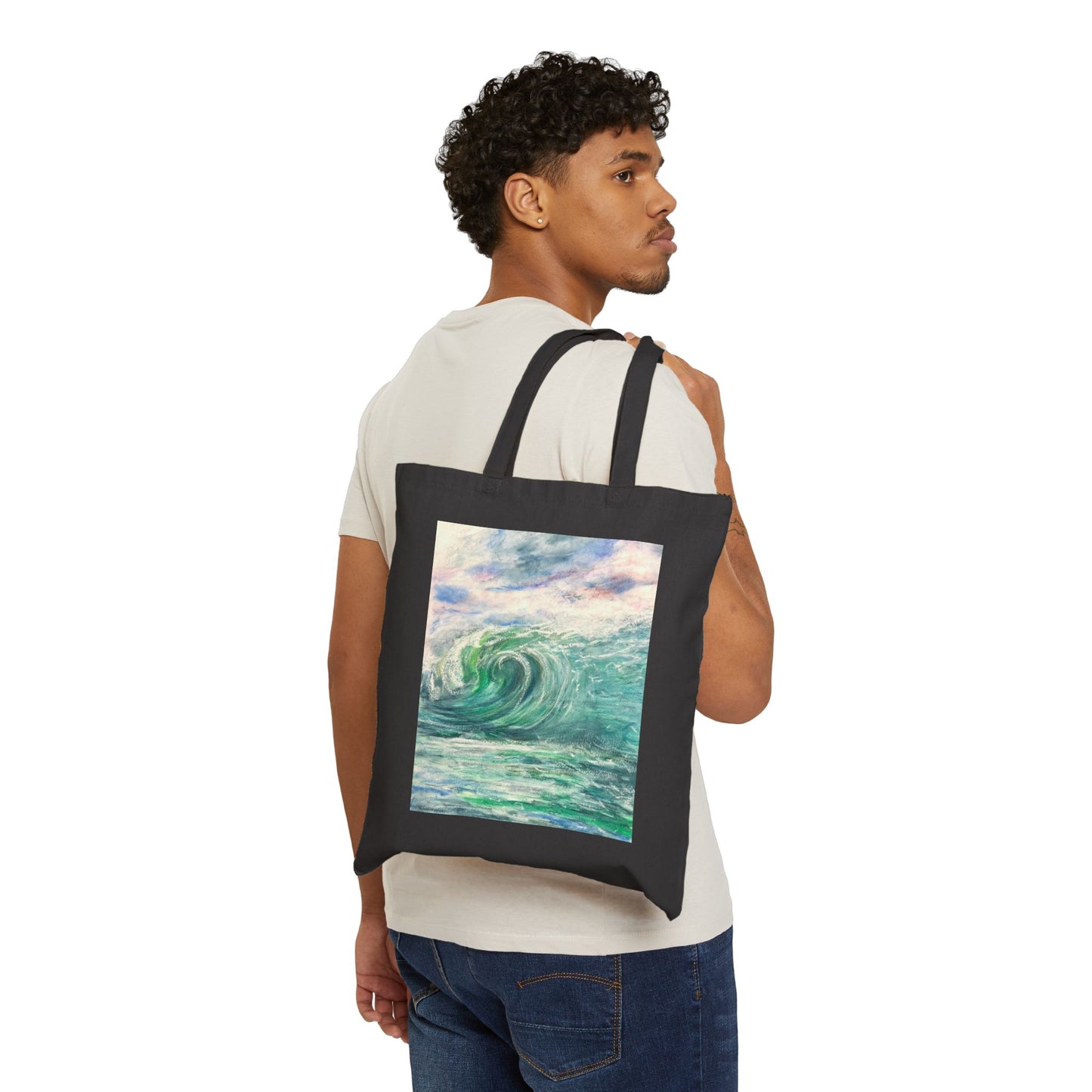 COTTON CANVAS TOTE BAG - HORIZON'S EMBRACE: A MAJESTIC DISTANT WAVE