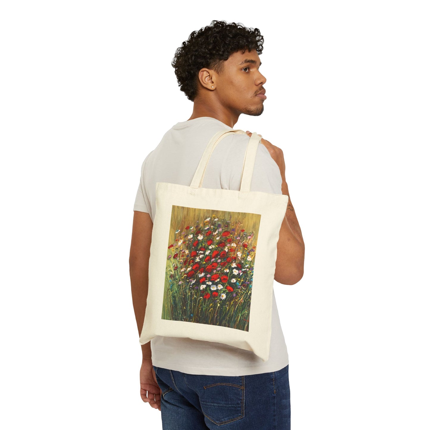 COTTON CANVAS TOTE BAG - WILD POPPIES AND DAISIES