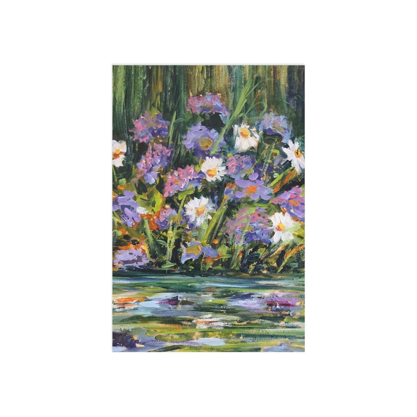 Wild flowers by the river. Reflections in the water. Nature inspired art.