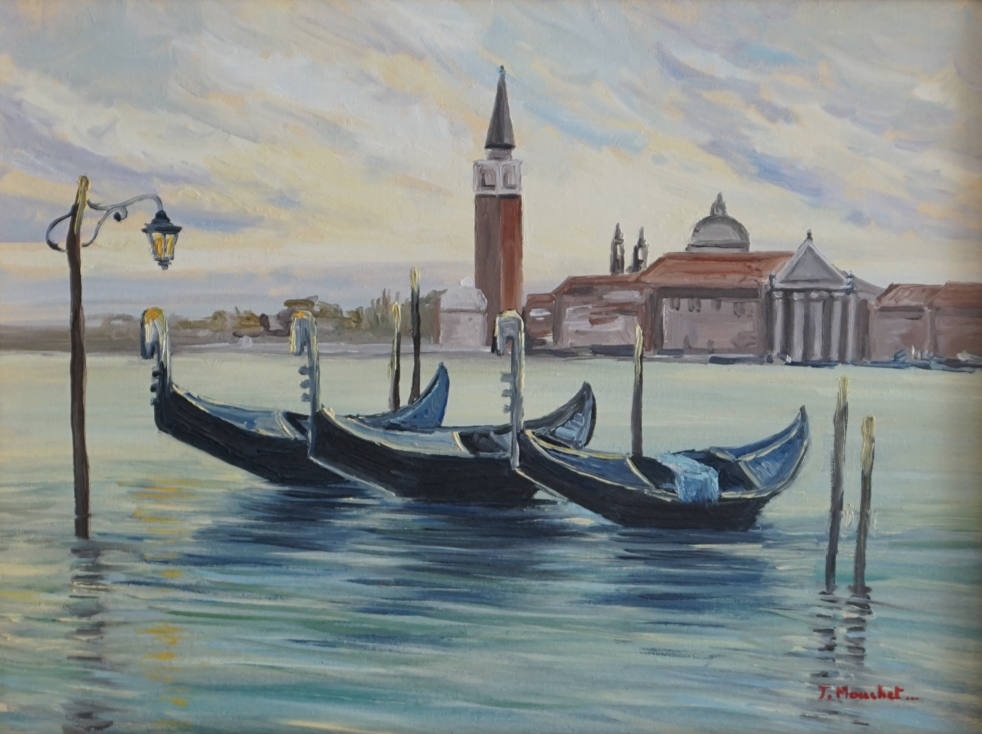 Original oil painting titled 'Piazza San Marco', measuring 30 cm x 40 cm. This captivating scene captures Venice at sunset, featuring gondolas in the foreground and the historic Piazza San Marco in the backdrop, illuminated by the golden light of the setting sun. The artwork, framed and accompanied by a certificate of authenticity, invites viewers to feel the romance and charm of Venice, as the gondolas and plaza share whispers of timeless tales.