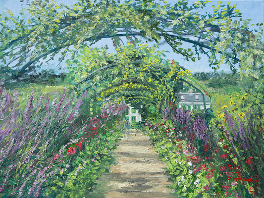 Impressionistic oil painting of a vibrant garden with bright flowers and arches leading to Monet's house, evoking tranquility and inspiration.