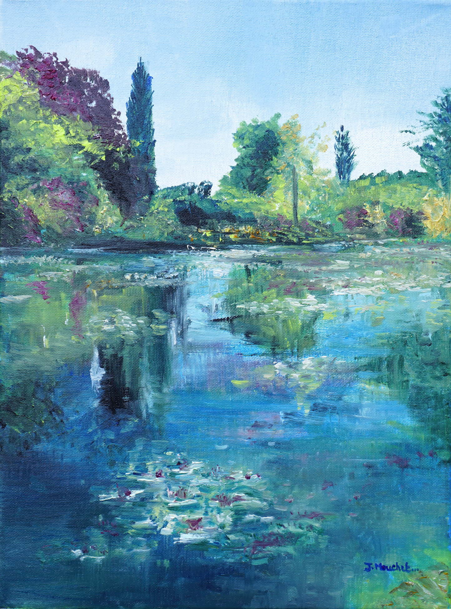 Impressionistic oil painting of the lake at Monet's home in Giverny, France, showcasing vibrant colors and a peaceful natural scene.