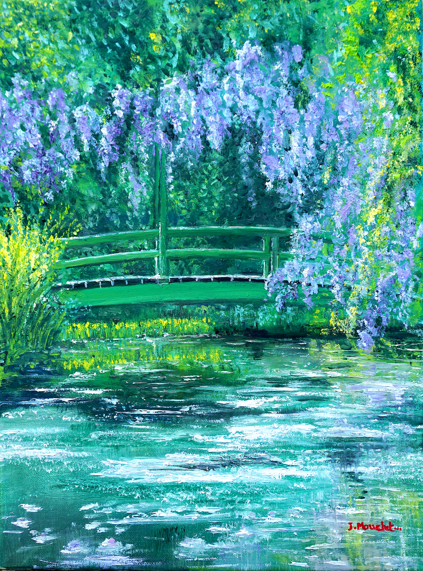 Impressionistic oil painting of Monet's iconic bridges surrounded by vibrant water lilies, capturing the beauty of nature in a 12" x 16" canvas.