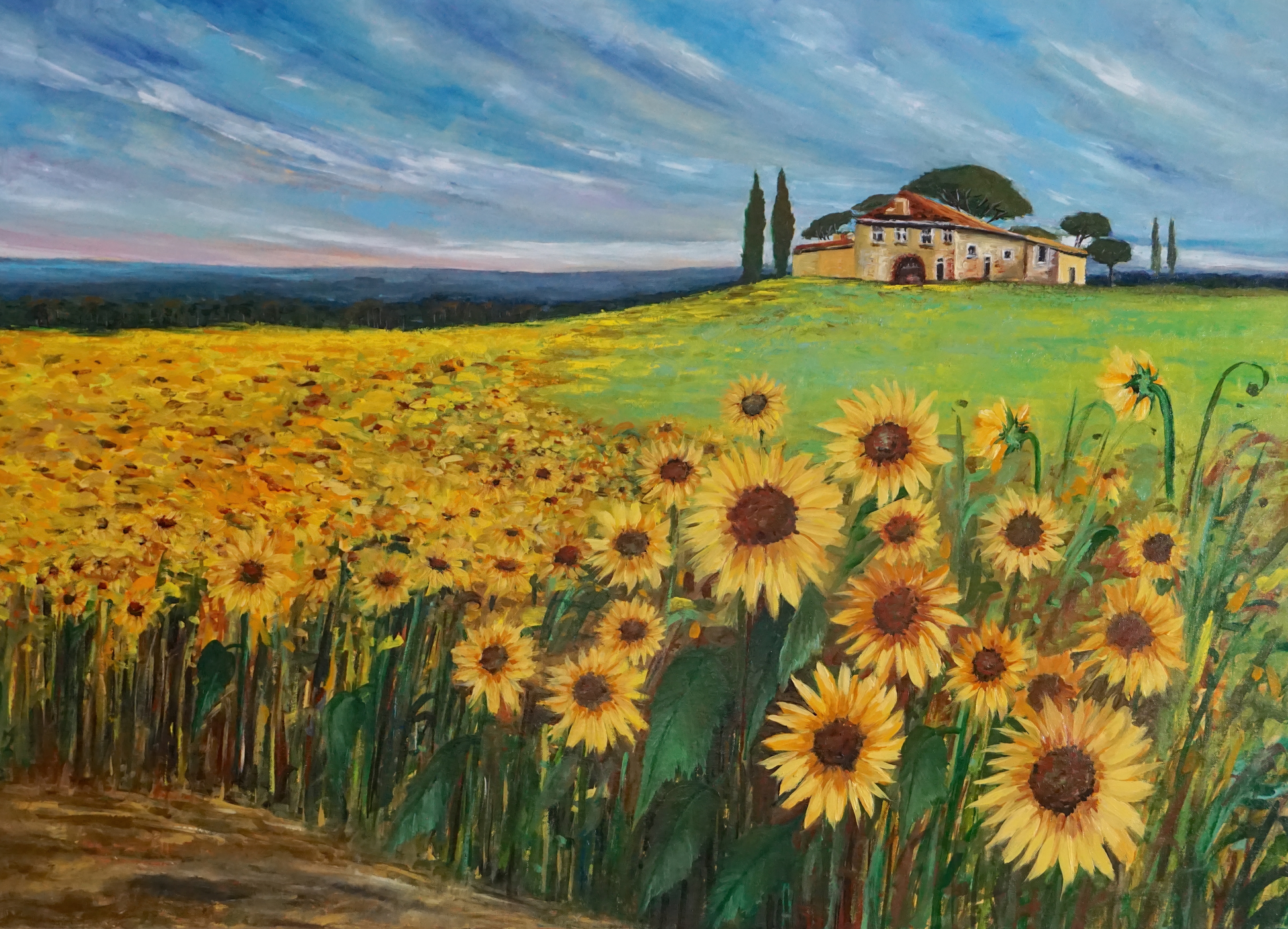 Vibrant oil painting 'Passing of Time' by J Mouchet, featuring a sunflower field and farmhouse in Tuscany, framed in golden Italian wood, evoking joy and peace, size 50 x 70 cm.