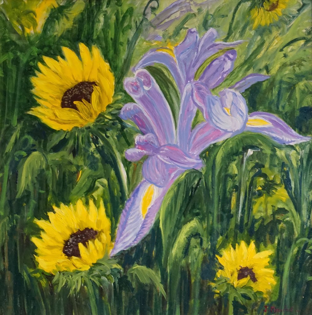 IRIS AND SUNFLOWERS - J Mouchet Fine Art