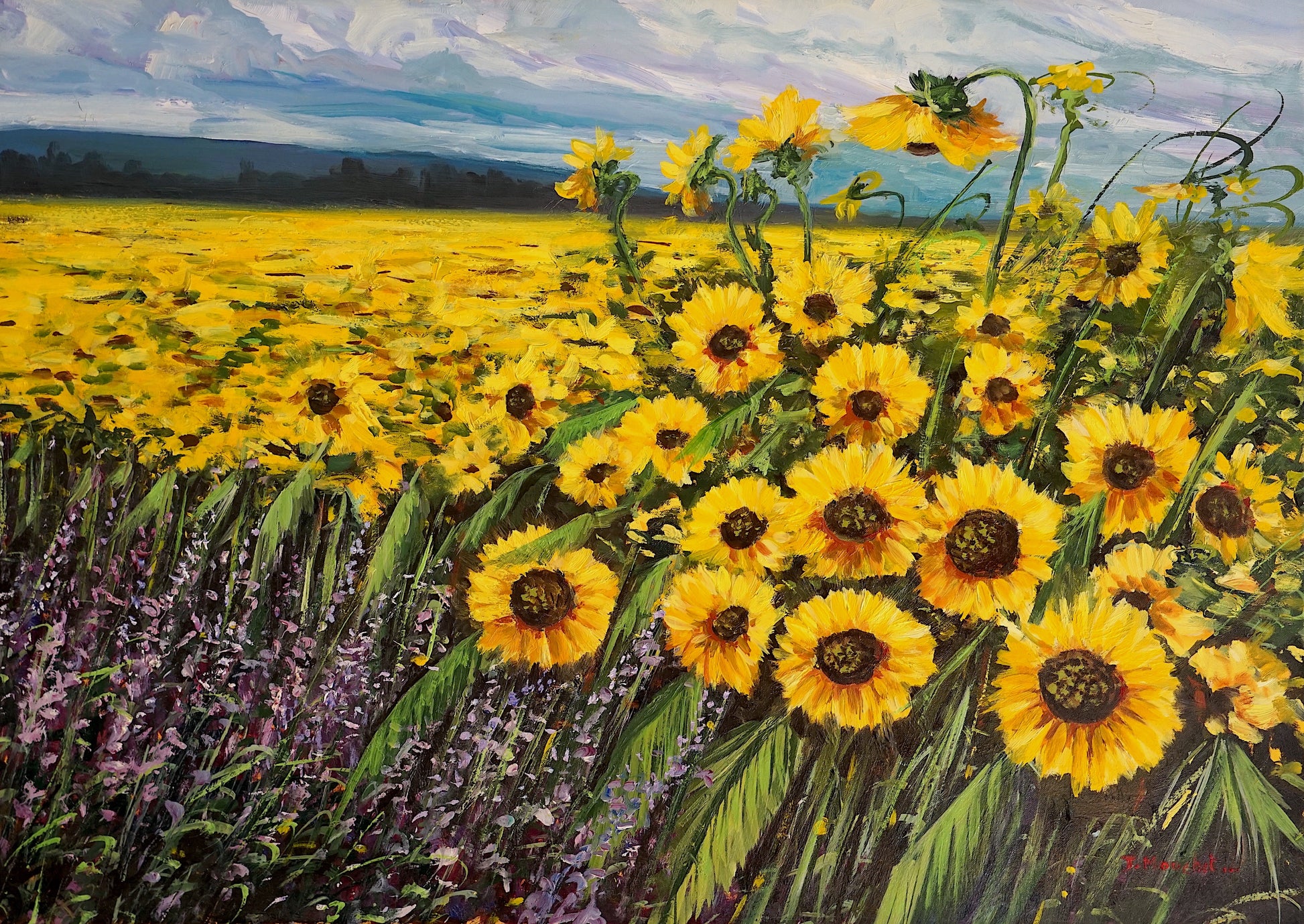 SUNFLOWERS - Vibrant oil painting of a vast sunflower field, with flowers in full bloom under a dynamic sky. The foreground is rich with sunflowers and lavender, set against a backdrop of distant mountains, all encased in a golden wooden frame. This piece evokes the warmth and energy of a sunny day in nature. Mouchet Fine Art